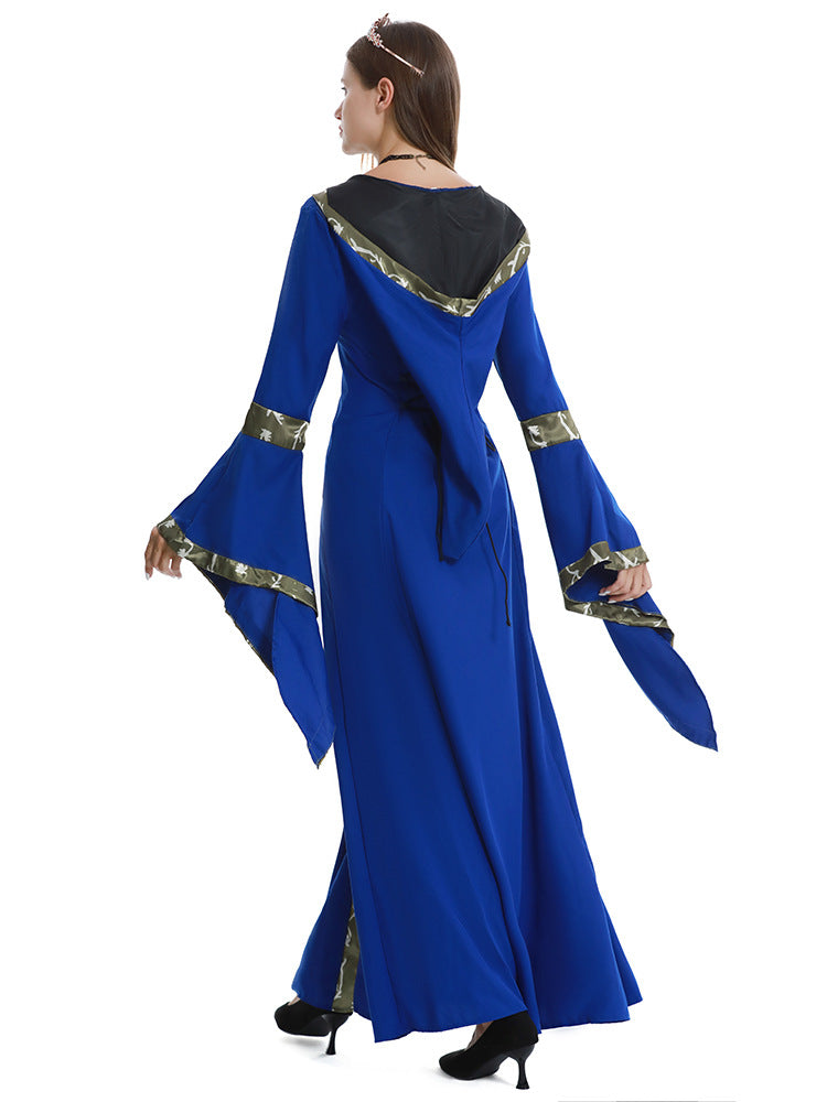 European and American Halloween Retro Medieval Hooded Dress Square Collar Lace-up Trumpet Sleeve Large Dress Stage Performance Dress