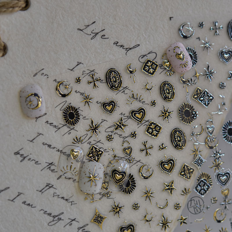 Metal Star and Moon Nail Art Stickers Embossed New 3D Stereo Popular Ins Gold and Silver Punk Nail Sticker Decorations