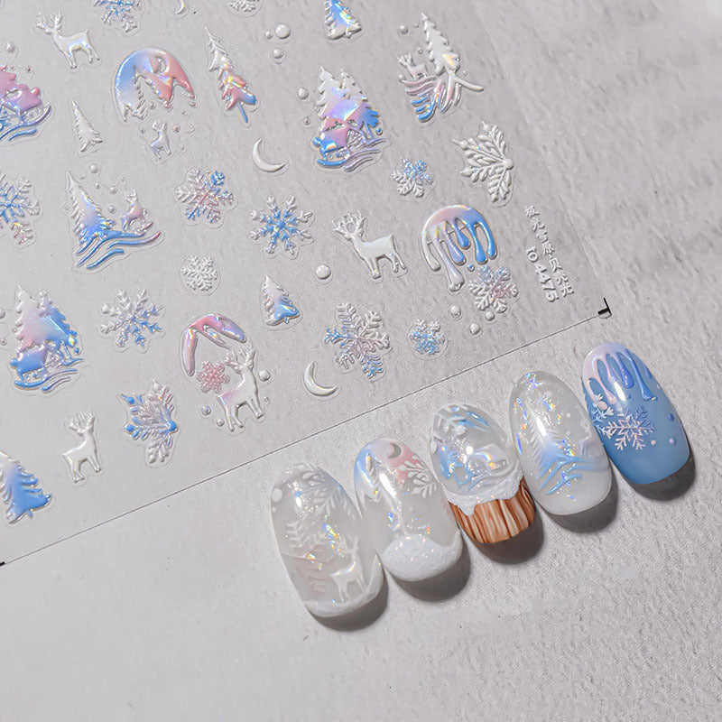 Fantasy Christmas Nail Art Stickers Tomoni Embossed Adhesive Popular Ins Colorful Snowflake Nail Sticker Decorations