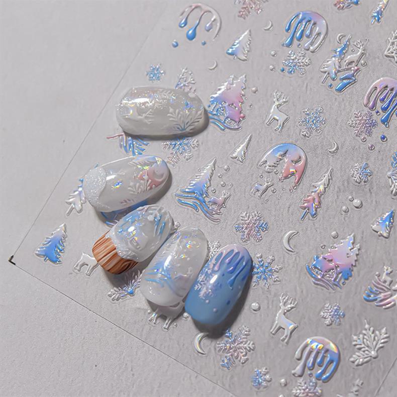 Fantasy Christmas Nail Art Stickers Tomoni Embossed Adhesive Popular Ins Colorful Snowflake Nail Sticker Decorations