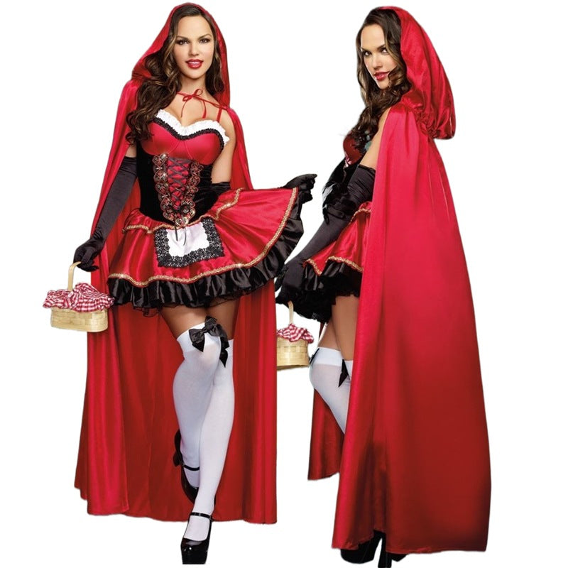 Adult Female Halloween Cosplay Little Red Riding Hood Costume Fairy Tale Role-Playing Dress Grandma Wolf Cape
