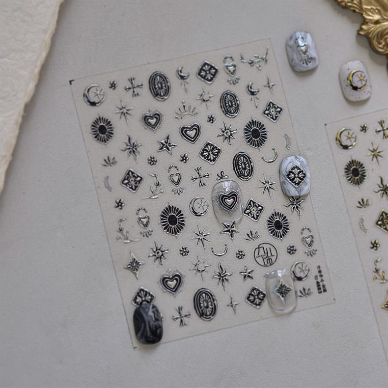 Metal Star and Moon Nail Art Stickers Embossed New 3D Stereo Popular Ins Gold and Silver Punk Nail Sticker Decorations