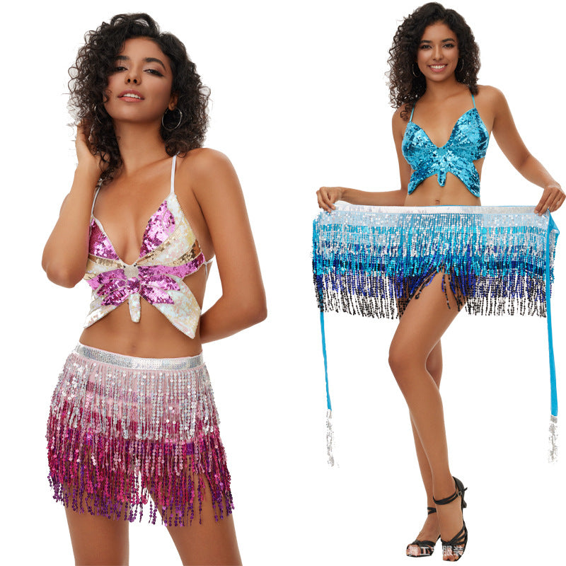 Halloween New Belly Dance Beads Waist Chain 4 Layer Beads Sequins Dance Performance Hip Towel Tassel Waist Seal Belt