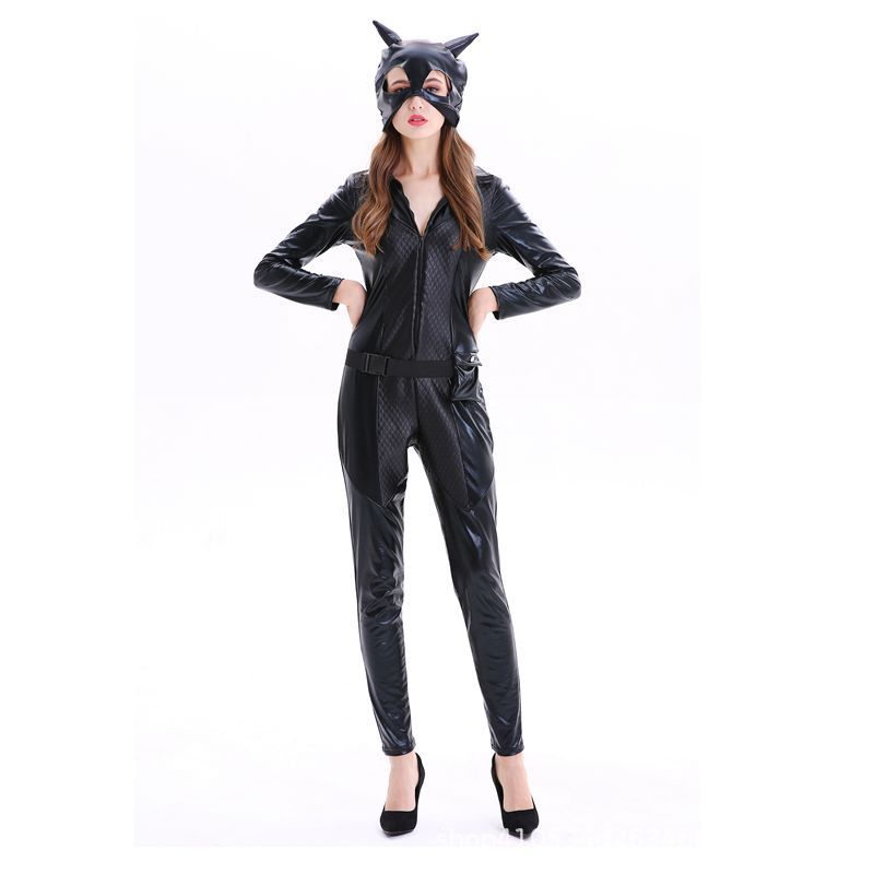 One-Piece Catwoman Halloween Party Patent Leather Catwoman Nightclub Cosplay Costume Black Tight Game Suit