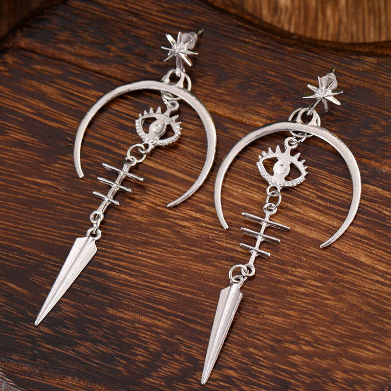 Gothic Devil's Eye Punk Earrings Halloween Accessories Ancient Silver Moon Metal Long Earrings Cross-Border
