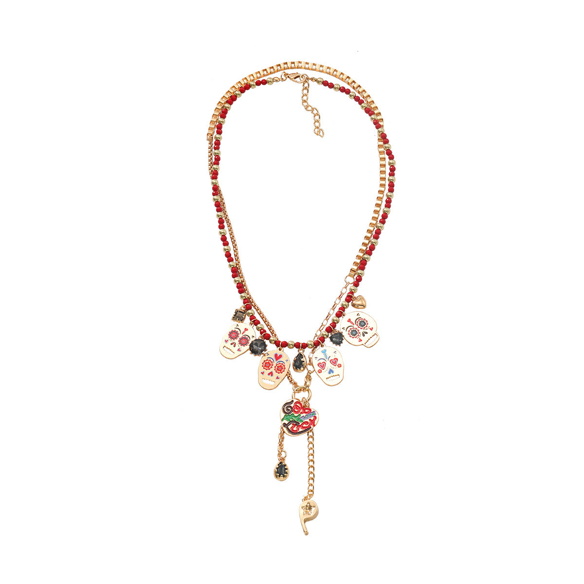 Za European and American Retro Halloween Metal Skull Heart Whistle Two-Piece Necklace Hand-Woven Cross-Border Supply
