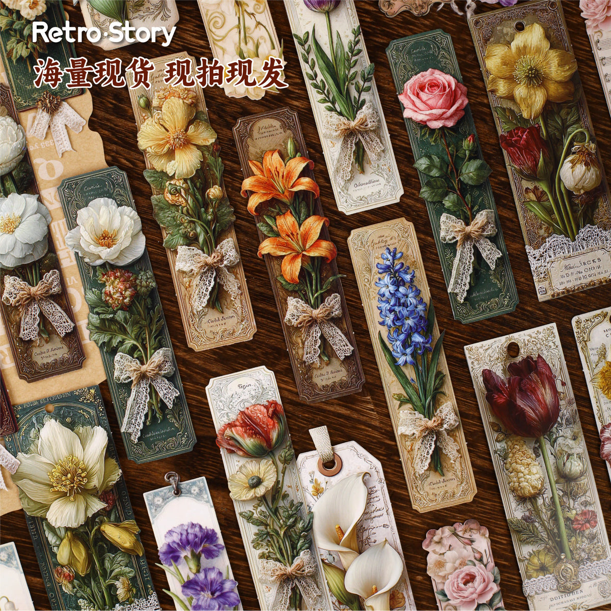 Retrostory Book Note Series Vintage Floral Stickers 16 Pieces Bookmark Labels Personalized Decoration Collage for Journals