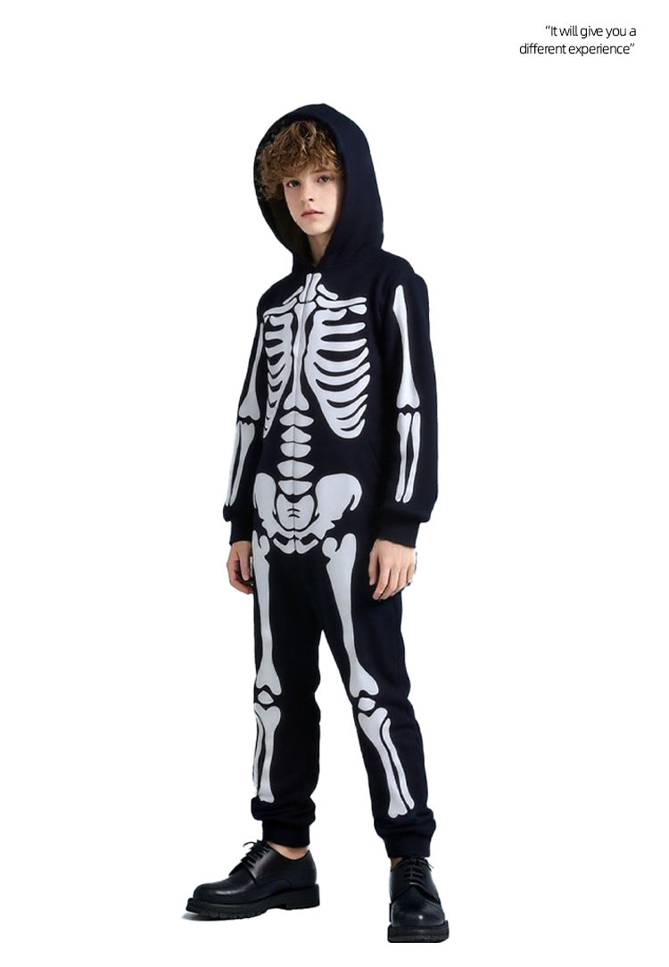 Cross-border Halloween Children's Costume Skull Skeleton White Luminous Ghost Costume Playing One-piece Hooded Costume Costume