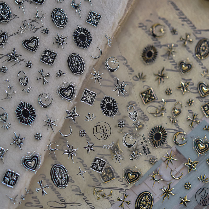 Metal Star and Moon Nail Art Stickers Embossed New 3D Stereo Popular Ins Gold and Silver Punk Nail Sticker Decorations