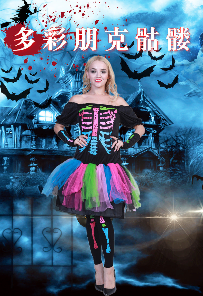 Colorful Punk Skull Costume Halloween jumpsuit Halloween New Skull Skeleton Playing Suit
