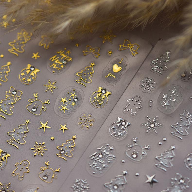 Gold Foil Christmas Tree Nail Stickers New Embossed Ins 3D Internet Celebrity 3D Snowflake Nail Stickers Decoration