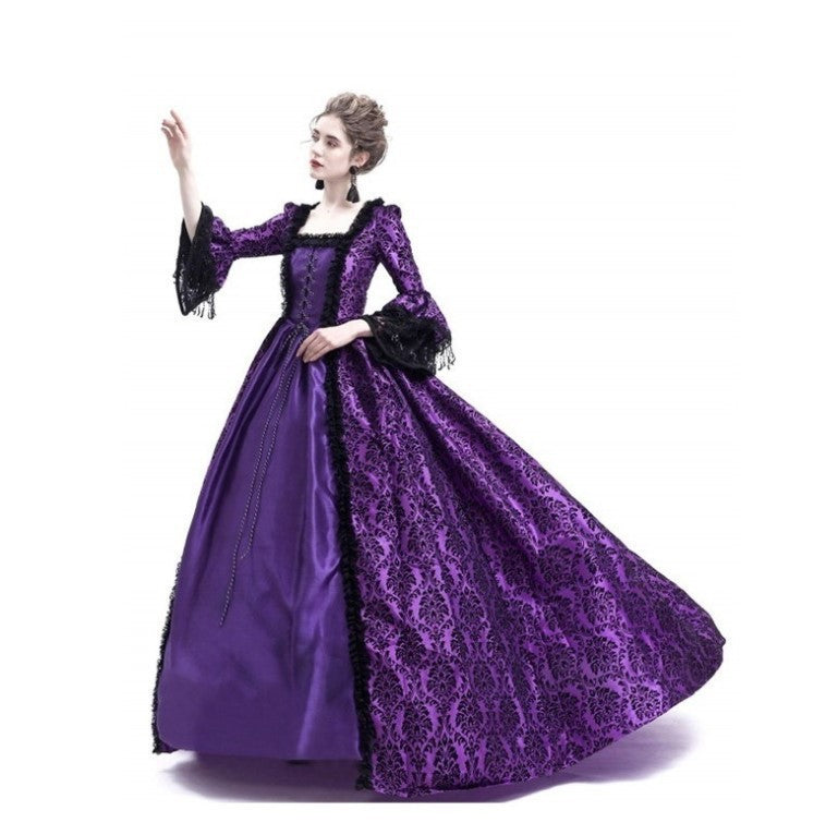 Cross-border foreign trade Halloween Victorian court dress women's long dress lace stitching bell sleeve dress women