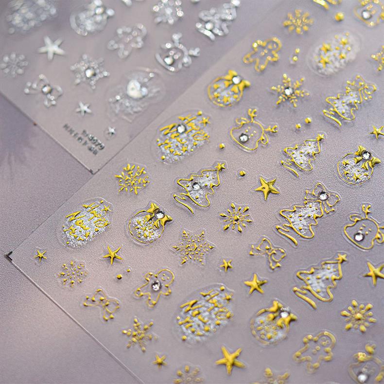 Gold Foil Christmas Tree Nail Stickers New Embossed Ins 3D Internet Celebrity 3D Snowflake Nail Stickers Decoration
