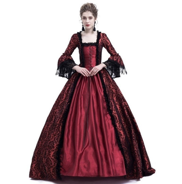 Cross-border foreign trade Halloween Victorian court dress women's long dress lace stitching bell sleeve dress women