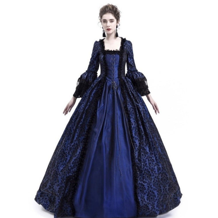 Cross-border foreign trade Halloween Victorian court dress women's long dress lace stitching bell sleeve dress women