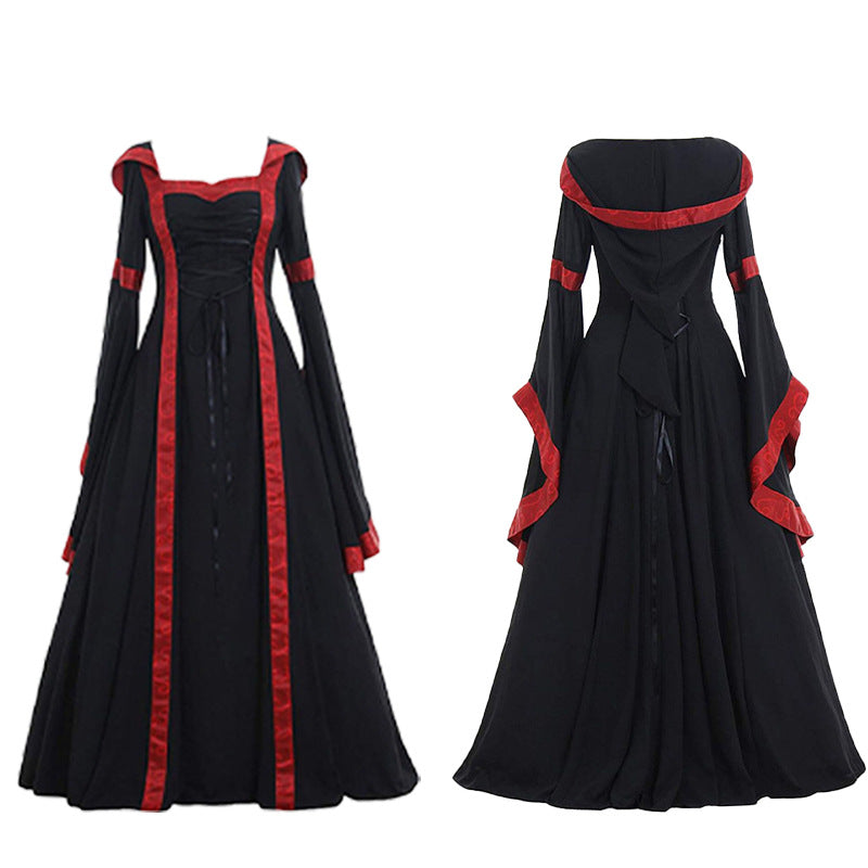 Large Size Halloween European and American Popular Women's Medieval Vintage Hooded Dress Square Collar Trumpet Sleeve Large Dress
