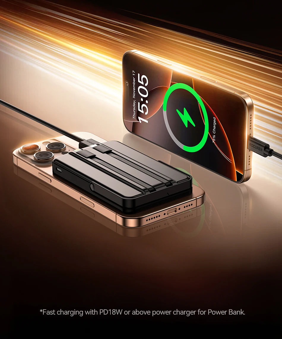 Rocoren PD 22.5W Fast Charging Power Bank 10000mAh Magnetic Wireless Charger for iPhone 16 15 14 Powerbank Built Charging Cables