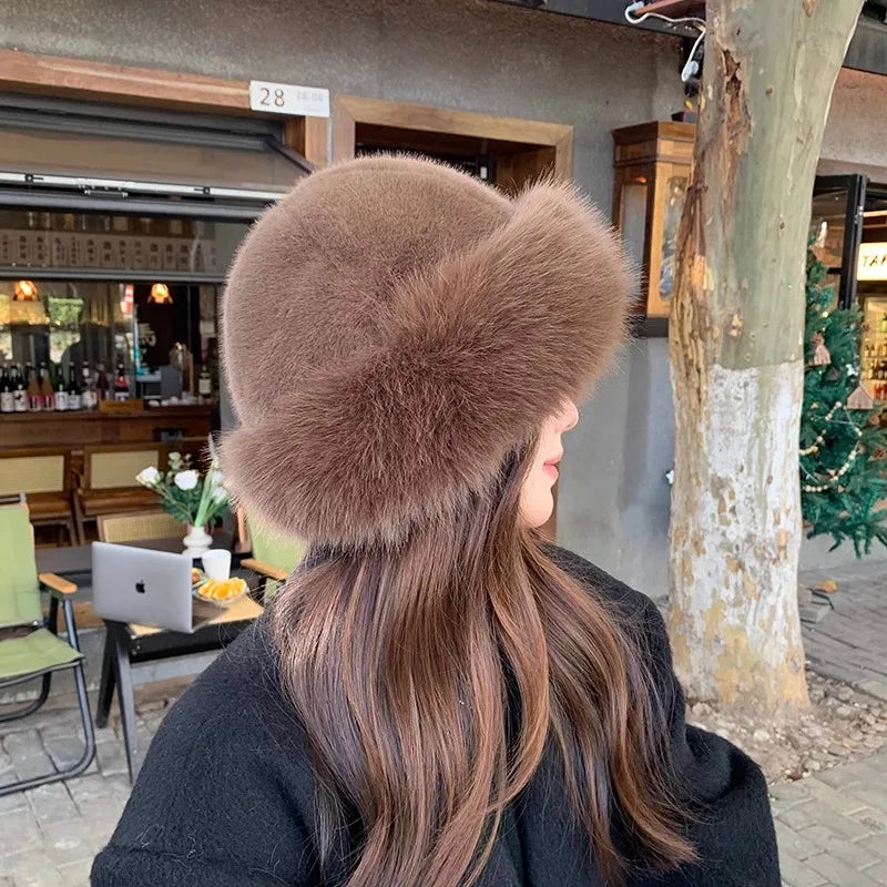 Winter Thick Warm Furry Beanies Hat Women Fashion Imitation Mink Fur Russian Cap Solid Color Plush Brimless Cap Brimless Ski Hat