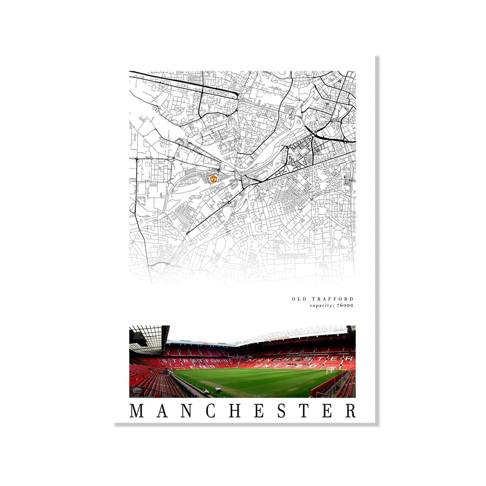 Football Poster Clubs Map Liverpool Manchester Football Stadium Poster Wall Art Canvas Painting for Living Room Home Decor