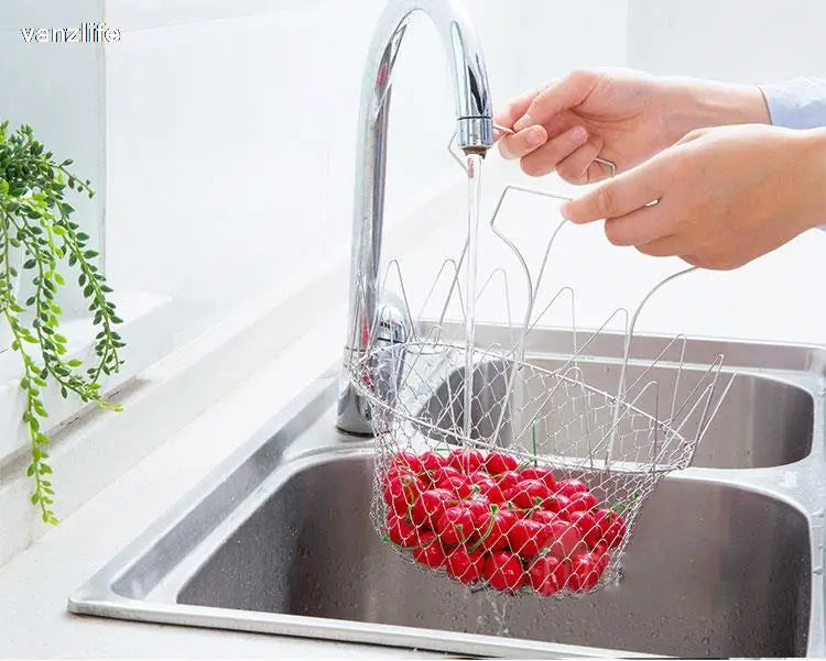 vanzlife stainless steel deep-fried large noodle kitchen French fries tools drain basket Household leak net spoon folding filter