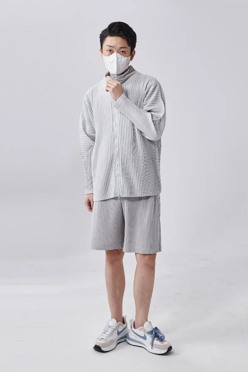 Miyake Men's Pleated Jacket Long Sleeve Standing Collar Fold Jacket Coat High Collar Zip Sweatshirt 2025 Spring Summer New Tops