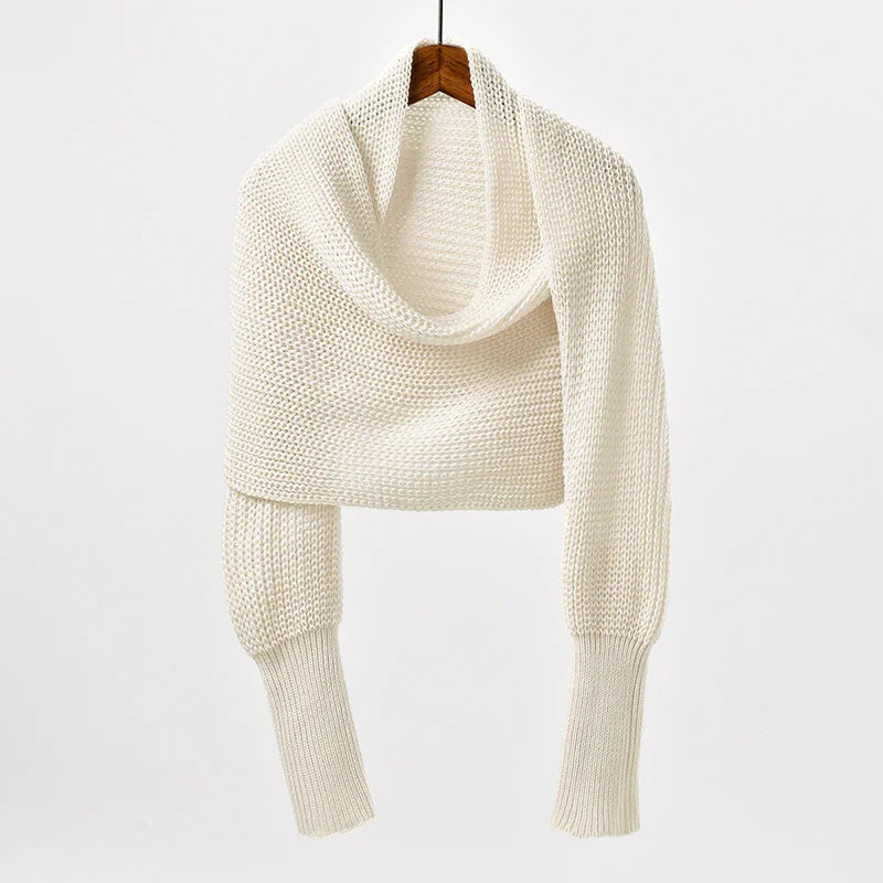 Woman Knitted Shawl Scarf With Long Sleeve Autumn Winter Outdoor Warm Soft Windproof Hollow Out Crop Top Shawl Scarf 210*33cm