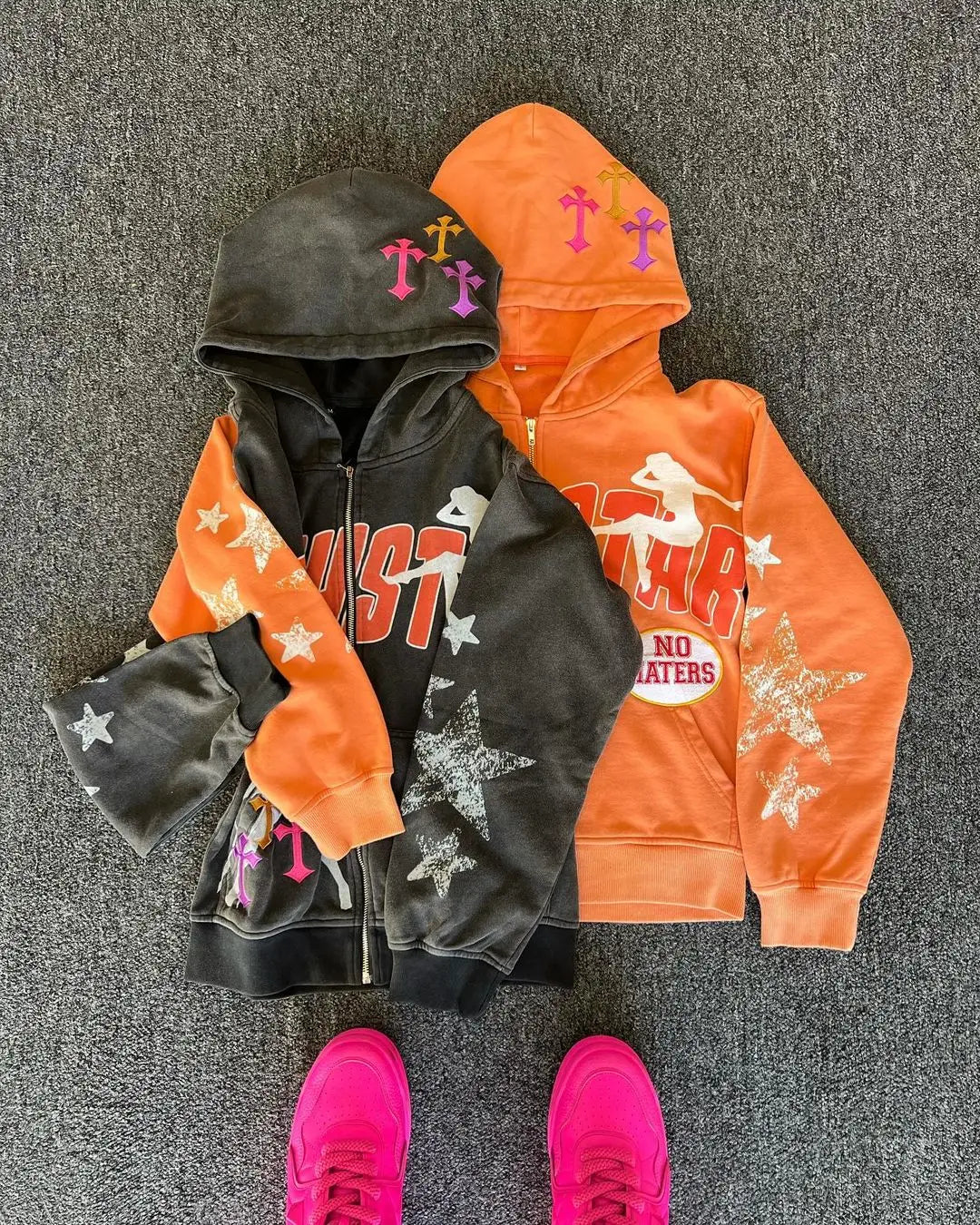 Harajuku Grunge Oversized Zip up Hoodie Sweatshirt Cross Printing