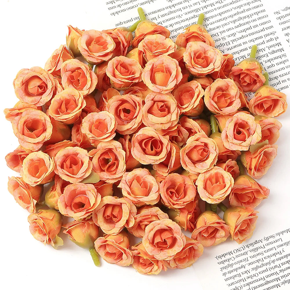 100Pcs Mini Silk Rose Artificial Flowers Head Fake Flowers For Home Decor Wedding Decoration DIY Bride Wreath Gifts Accessories