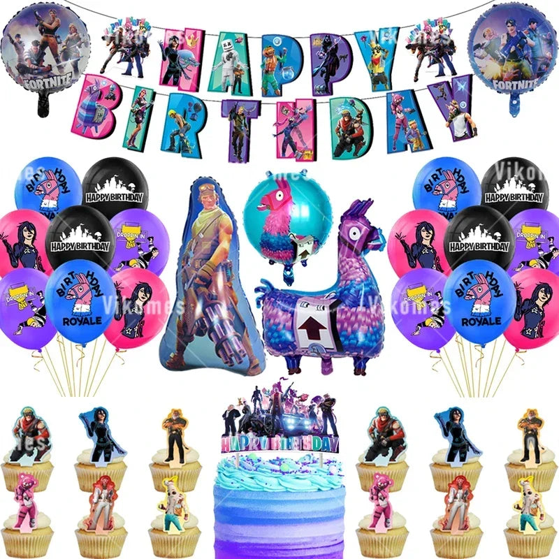 Fortnite Balloons Shooting Game Ballons Boy Girl Happy Birthday Banner Party Decoration Alpaca Llama Tableware Cake Topper Toy