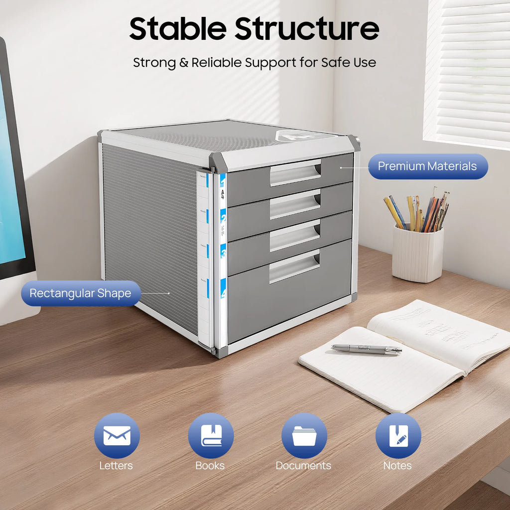 4 Layers Locking Drawer Cabinet Desk Organizer, Home Office Desktop File Storage Box,  Locking Storage Cabinet, Aluminum Alloy