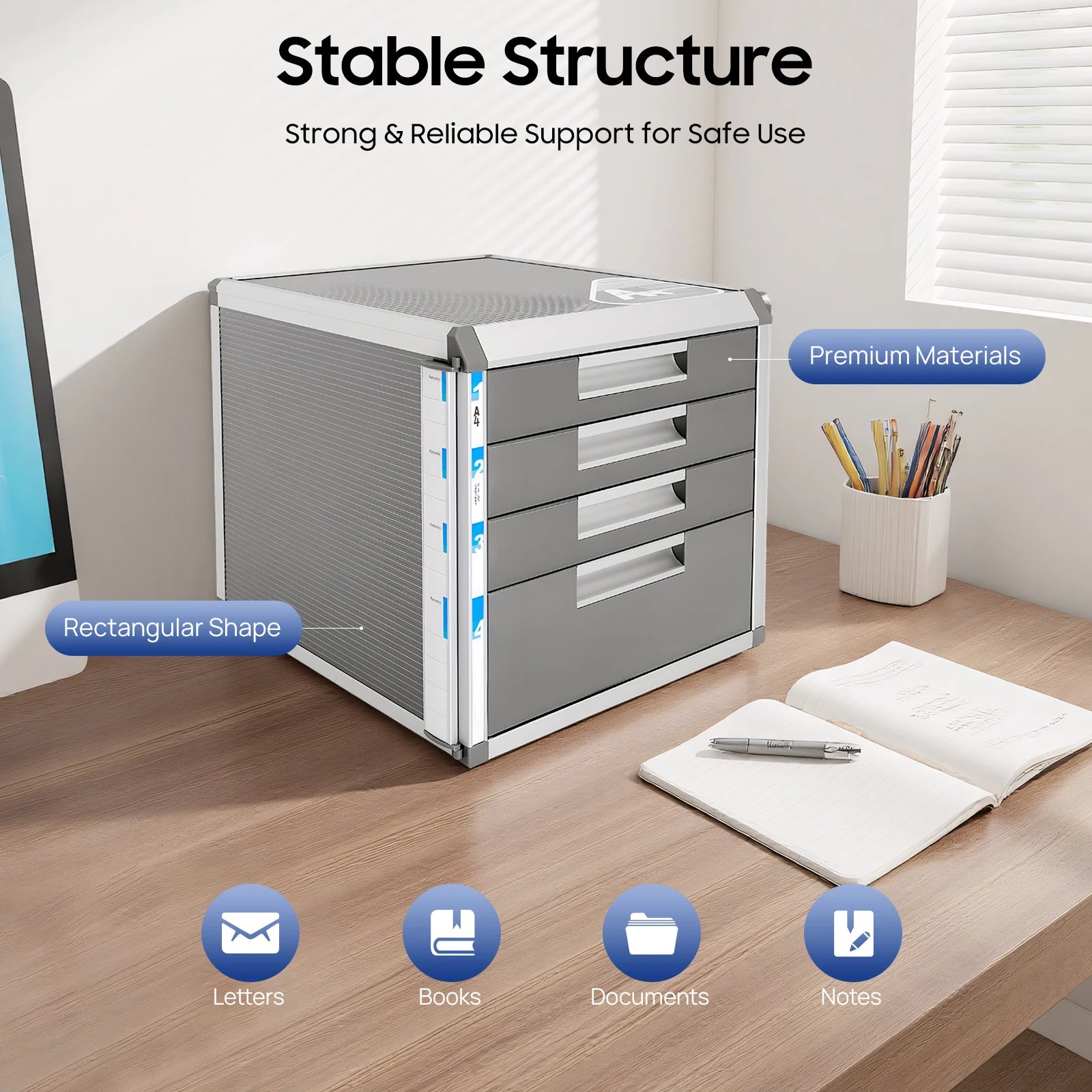 4 Layers Locking Drawer Cabinet Desk Organizer, Home Office Desktop File Storage Box,  Locking Storage Cabinet, Aluminum Alloy