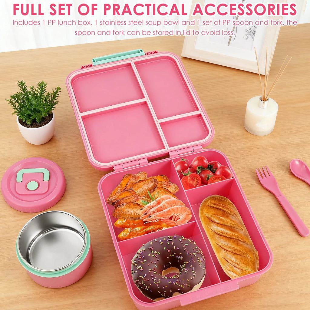 Children and adults outdoor 1700ml large capacity food meal box with four compartments leak proof design and soup can spoon fork