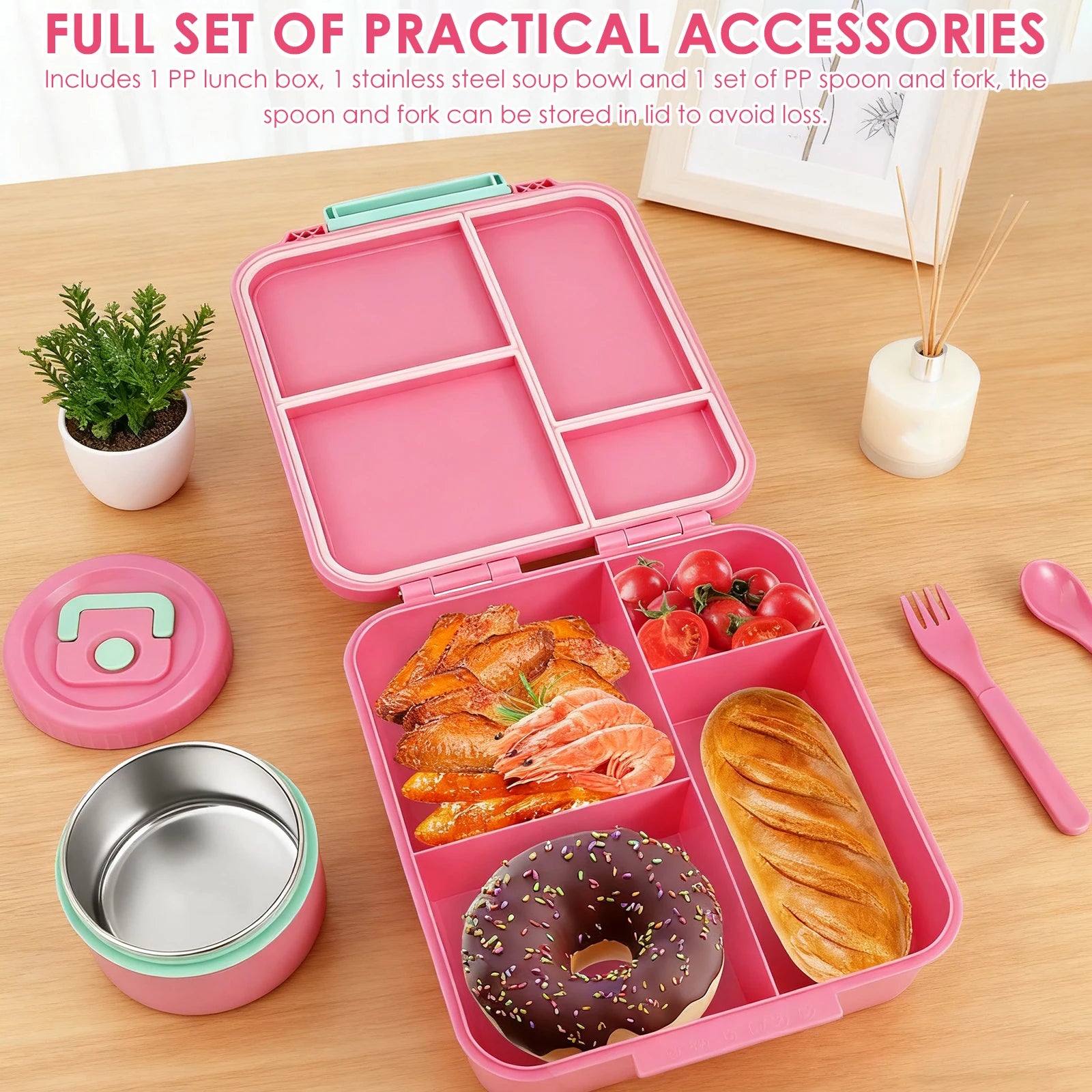 Children and adults outdoor 1700ml large capacity food meal box with four compartments leak proof design and soup can spoon fork