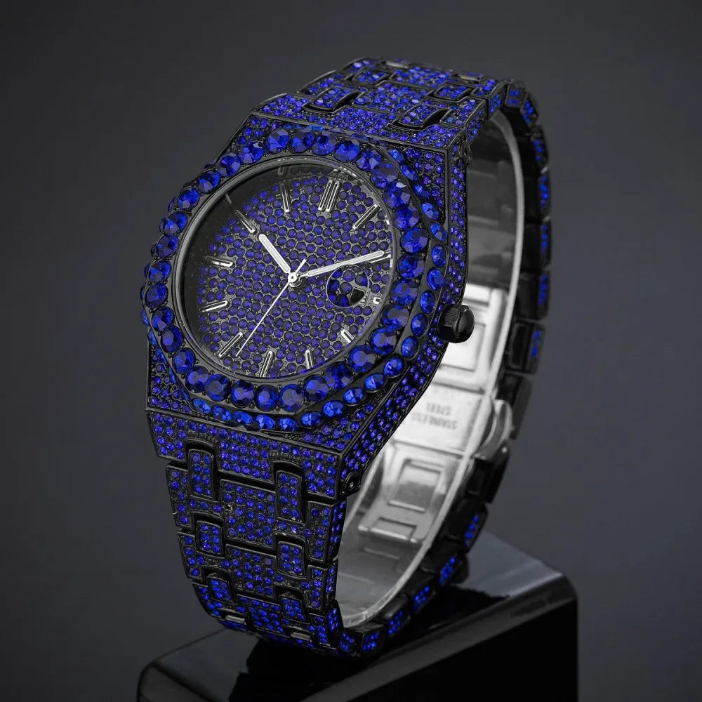 Iced-Out Black Rhinestone Men's Quartz Watch
