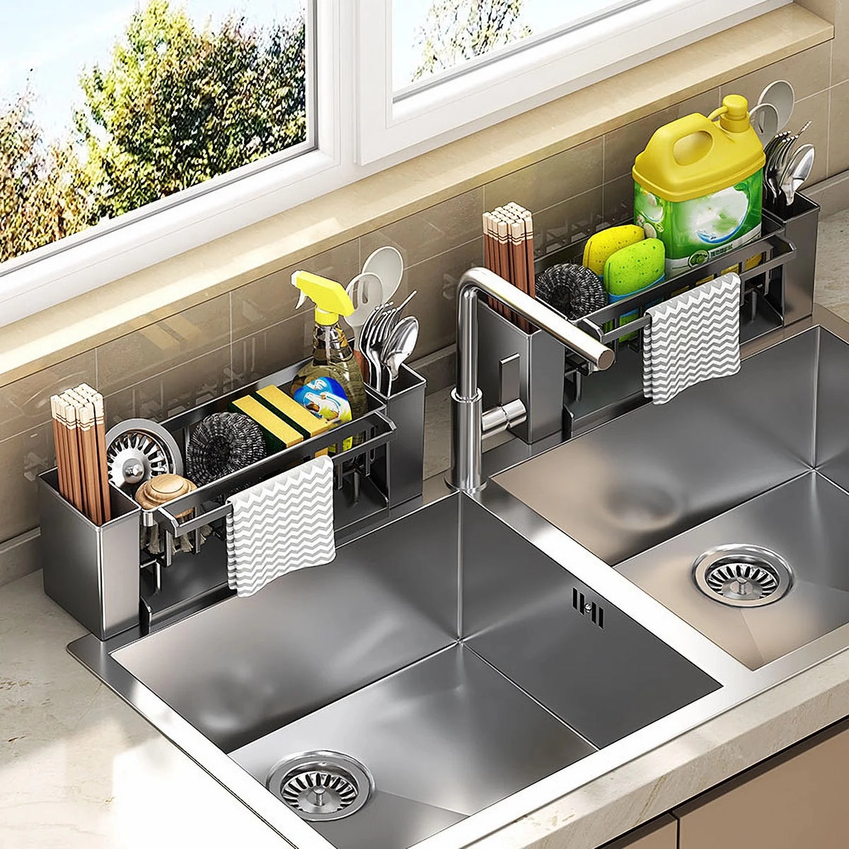 Kitchen Sink Organiser,Kitchen Sink Sponge Holder With Brush Holder,Rag Drain Rack,  Bathroom Organizer, Sink Faucet Sink Ra