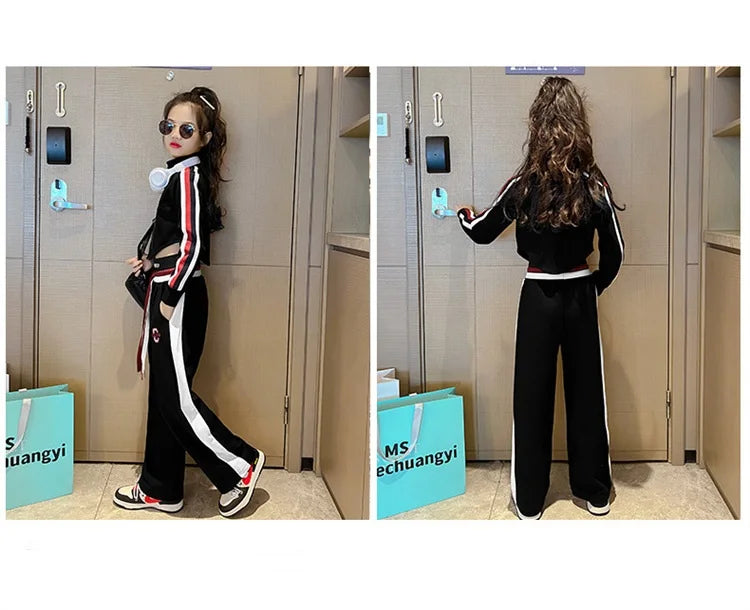 Spring Autumn Girl Striped Cropped Full Zip Sweatshirt+Loose Drawstring Sweatpant Set School Kids Tracksuit Child Outfit 3-16Yrs