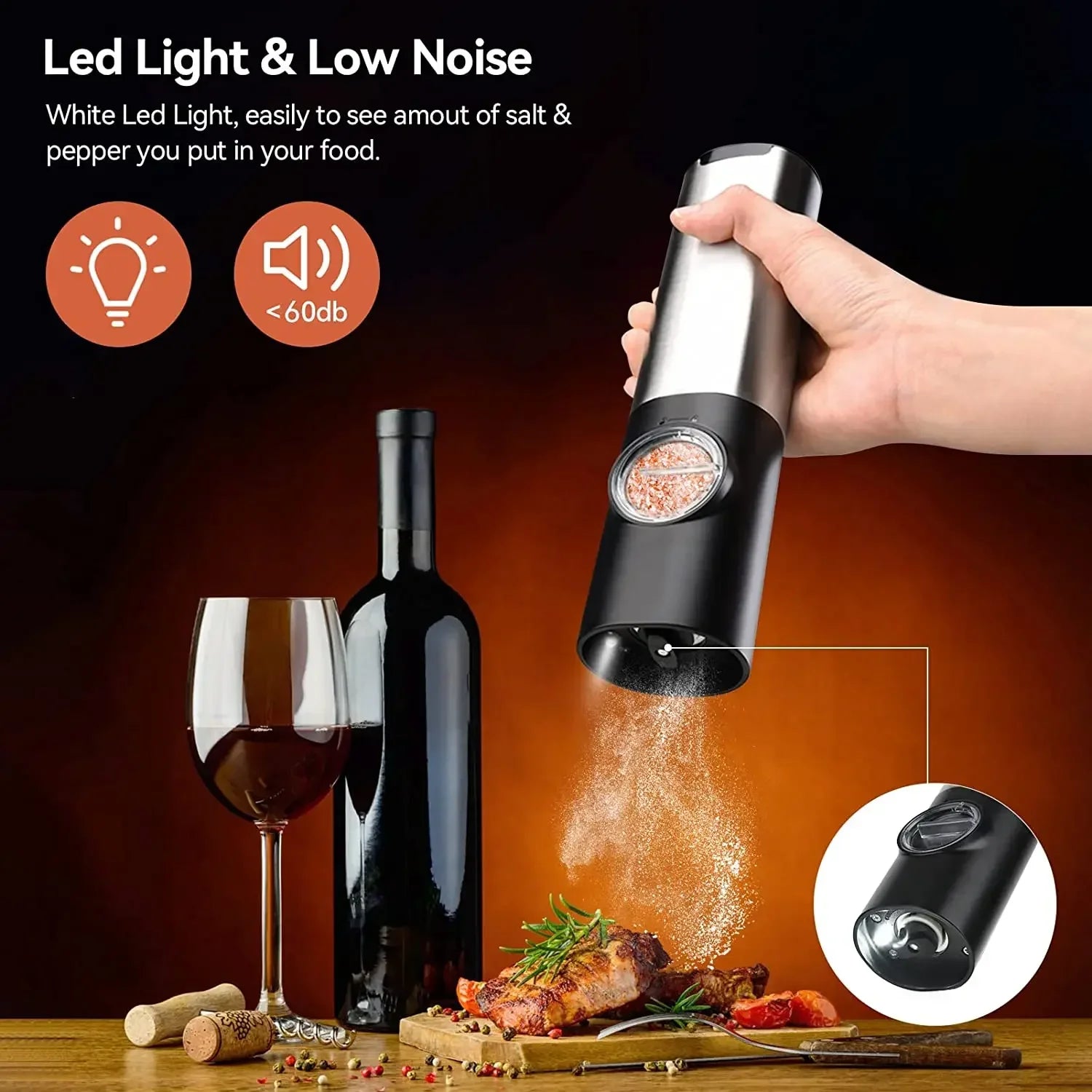 Electric Salt Pepper Grinder Set USB Rechargeable Automatic Spice Mill with LED Light Adjustable Coarseness Kitchen Gadget