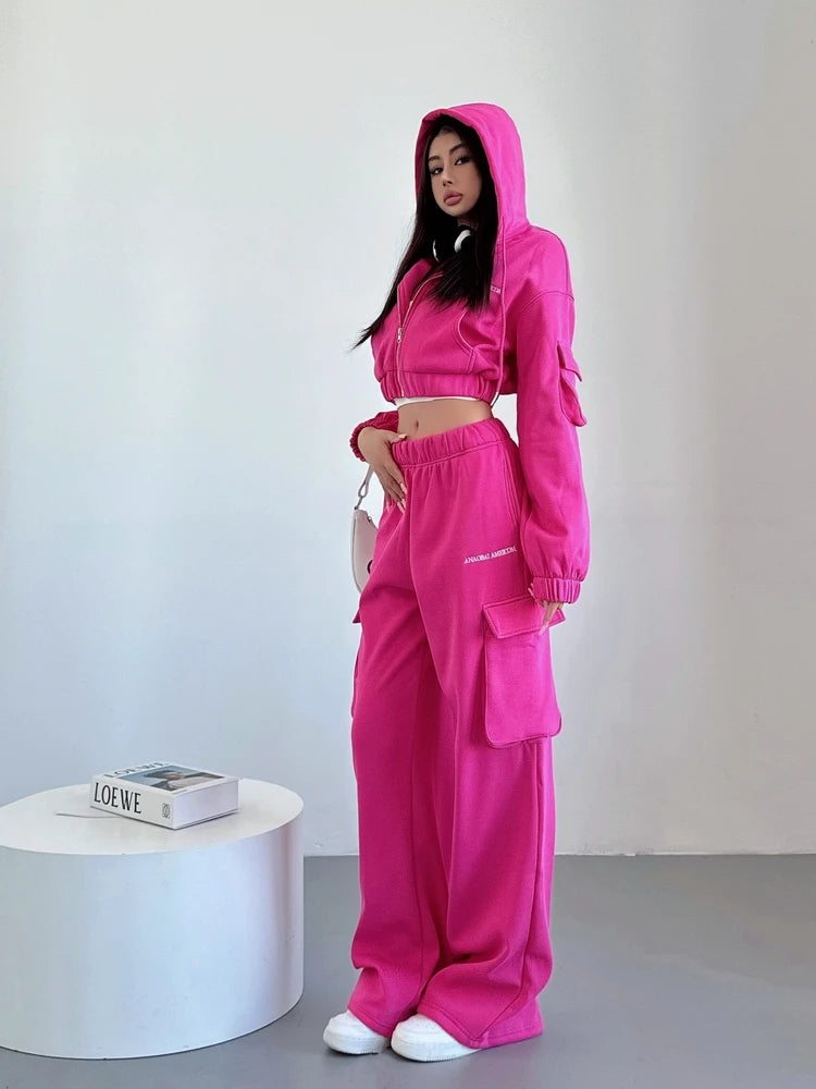 WOMENGAGA Short Zipper Sweatshirt Large Pocket Wide Leg Pants Two Piece Casual Plush Set For Winter Women Fashion Sweet 2PTB