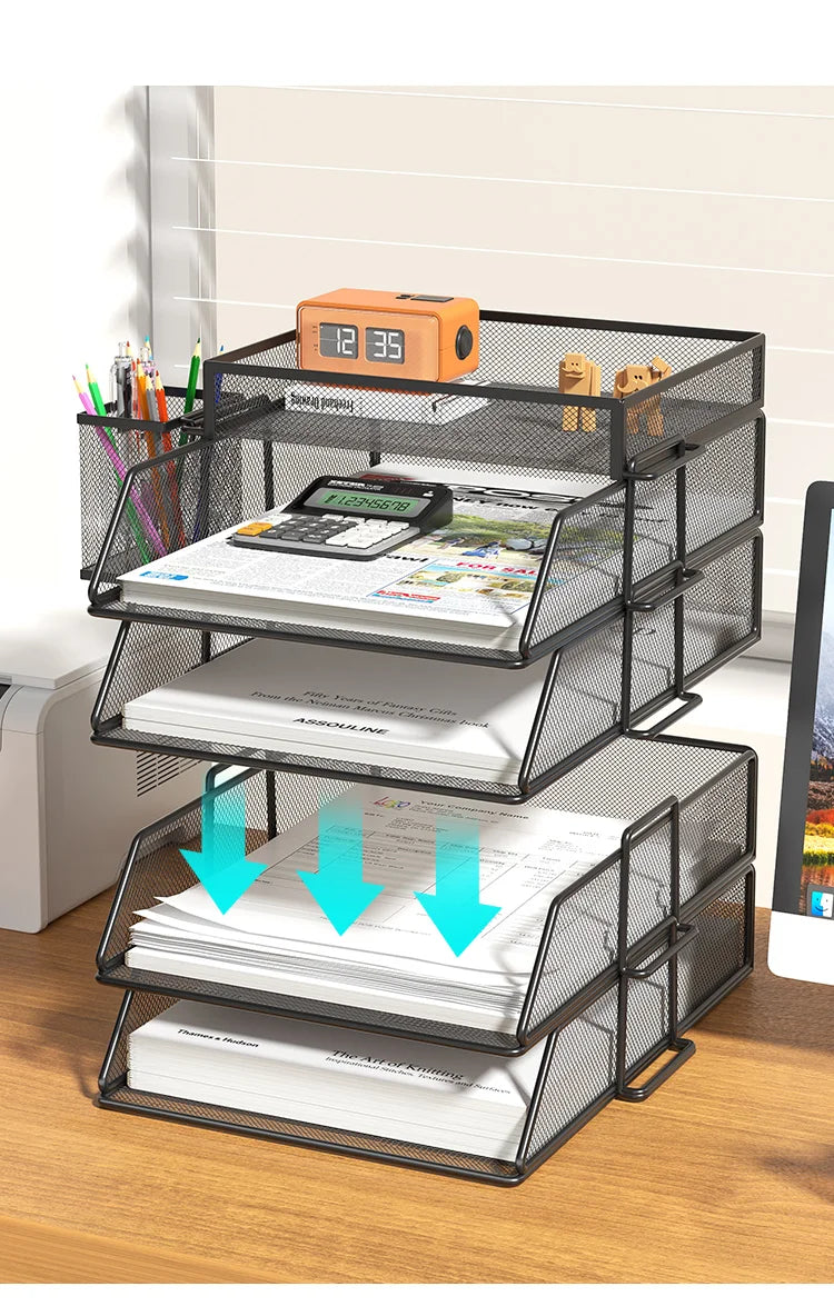 4-Tier Desk Organizer Stackable Tray Office Desk Organizer File and Desktop Holder for Paper Letter Accessories Black