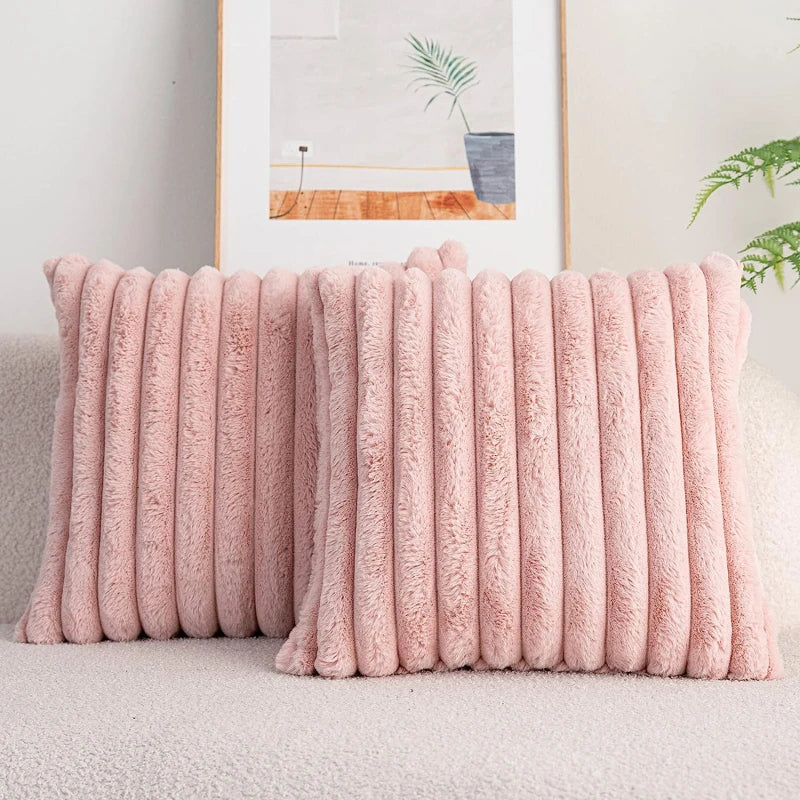 Artificial Rabbit Fur Square Cushion Cover Simple Stripe Super Soft Pillowcase 45x45 Cm Sofa Decorative Cushion Cover