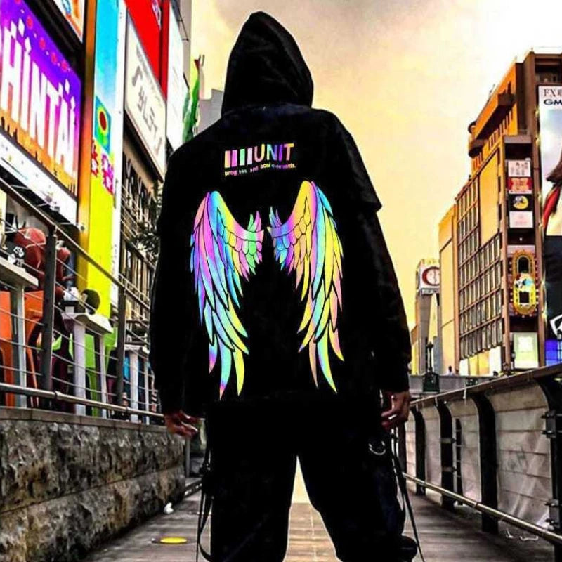 Reflective Male Hoodie Hip Hop Overfit New in No Brand Y2k Vintage Novelty and Simple 90s Tops Fleeced Men's Hooded Sweatshirt