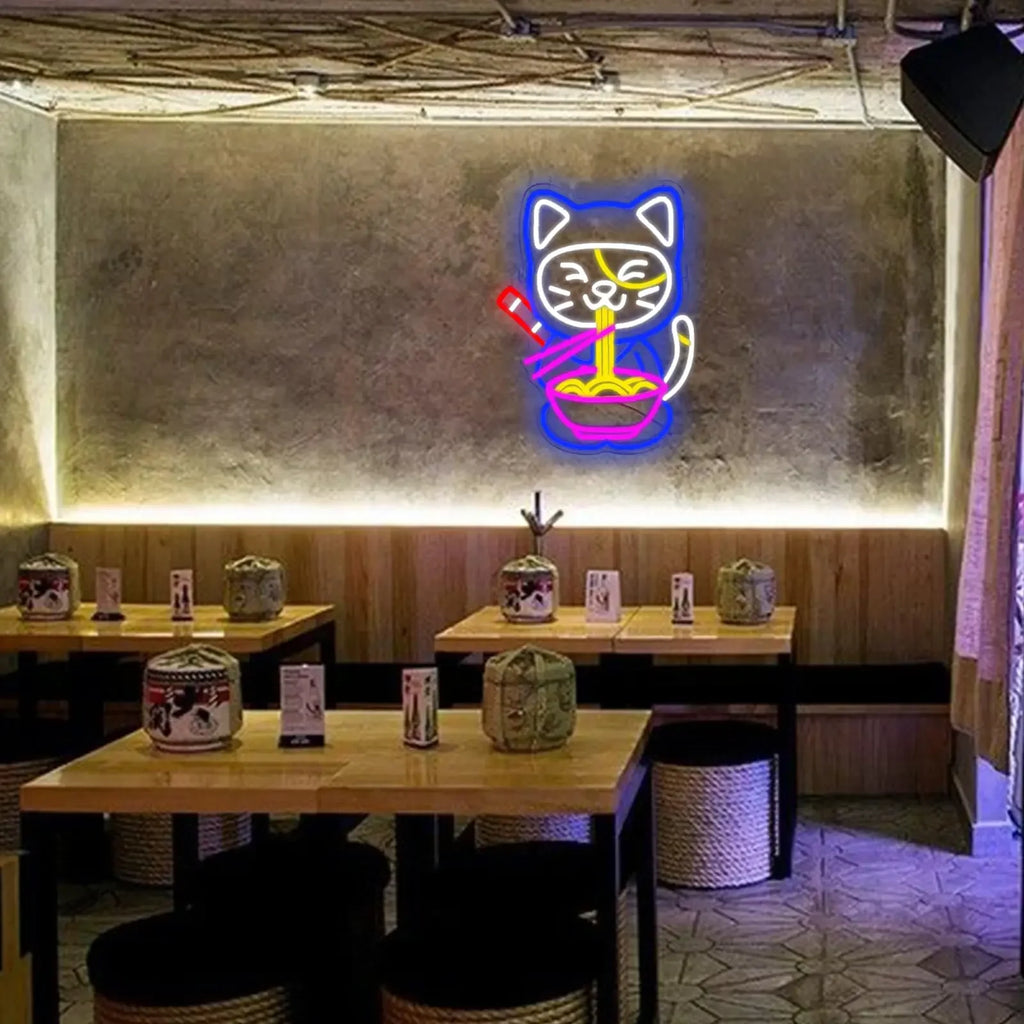 Ramen Cat Neon Sign, Bright LED for Restaurant and Cafe Decor, Japanese Kitchen Wall Art, Cat Lover Gift, Party Decoration
