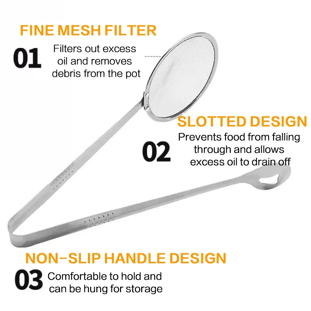 Stainless Steel Fine Mesh Strainer Spoon with Clip Multifunctional Kitchen Colander Skimmer for Frying Oil Filtering Salad Barbecue Serving Heat Resistant Cooking Gadget Home Dining Bar Supplies Everyday Use Gift