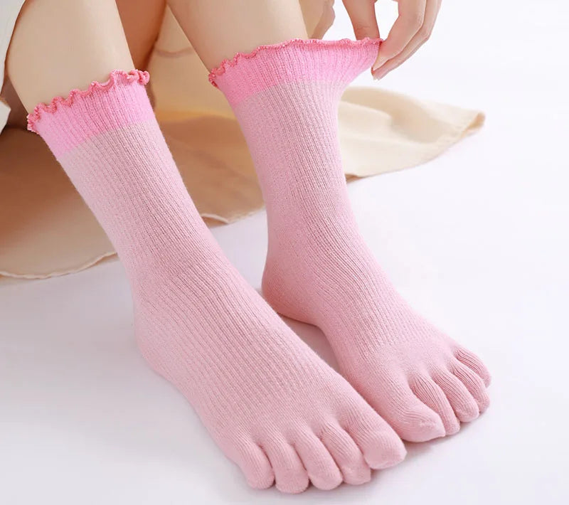 New Splicing Color Ruffle Edge Five Toe Socks For Women Sweet INS 5 Fingers Middle Tube Socks Soft Cotton Elastic Split Toe Sock