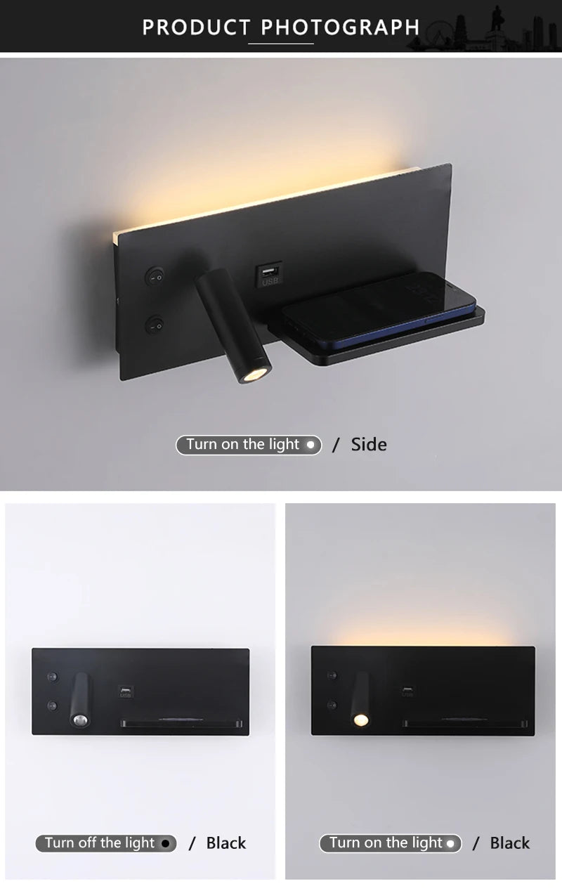 Multi Functional Wall lamp with Mobile phone Wireless charger switch USB interface Bedroom Night light LED Reading wall light
