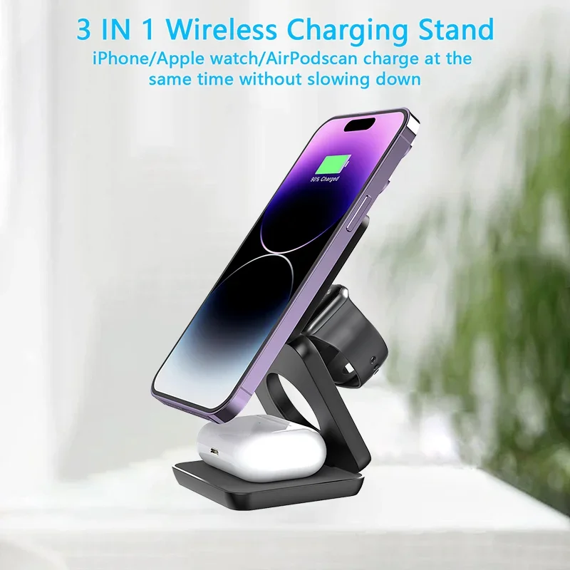 3 in 1 Foldable Magnetic Wireless Charger Stand Macsafe for iPhone 15 14 13 12 Apple Watch 8 7 6 Airpods Fast Charging Station