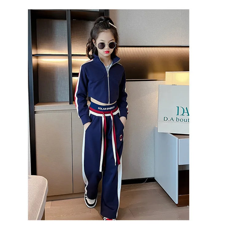 Spring Autumn Girl Striped Cropped Full Zip Sweatshirt+Loose Drawstring Sweatpant Set School Kids Tracksuit Child Outfit 3-16Yrs