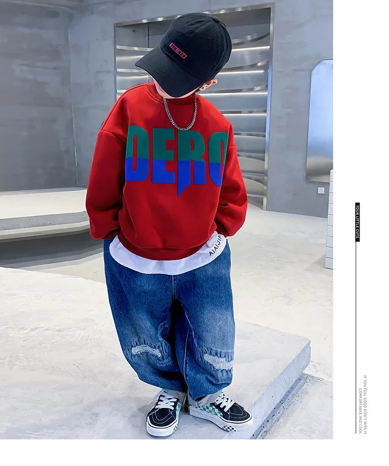 Winter Boys Warm Fleece Lined Half Turtleneck Alphabet Sweatshirt School Kids Track Pullover Coat Tops Child Work Jumper 3-16Yrs