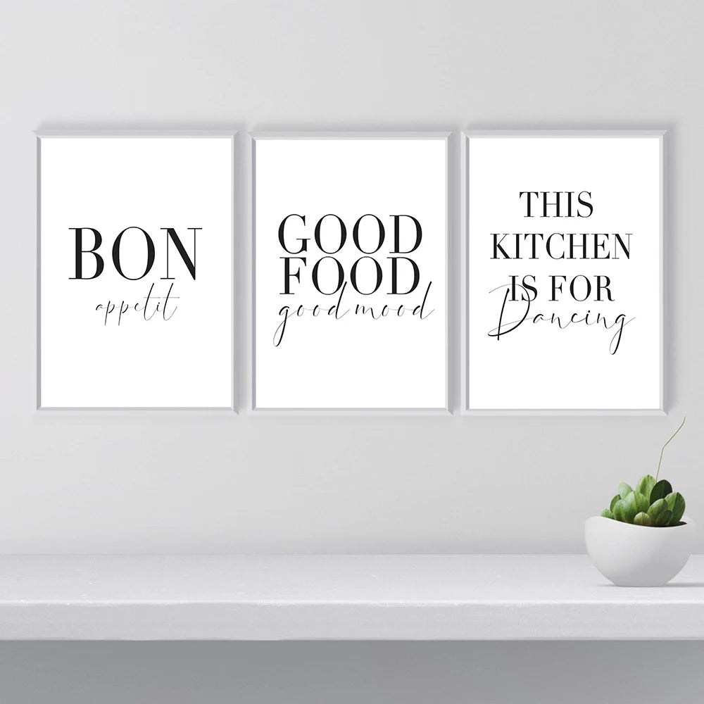 Minimalist Good Food Good Mood Bon Appetit Quotes Canvas Painting Black White Posters Wall Art Pictures For Kitchen Home Decor