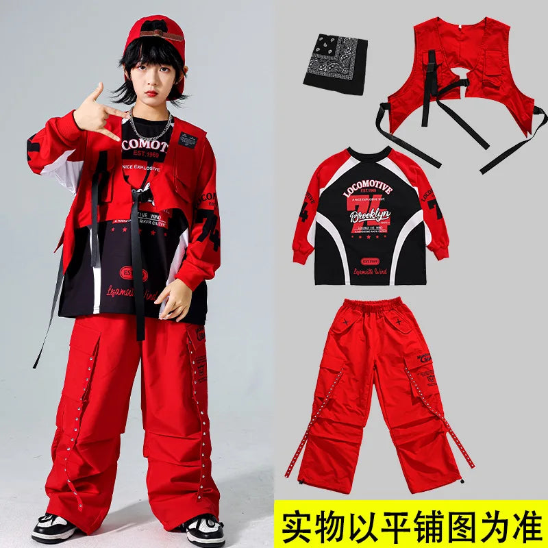 Boys Hip Hop Cool Sweatshirt Vest Cargo Pants Girls Fashion Jazz Street Dance Costume Children Clothes Set Kids K-pop Streetwear